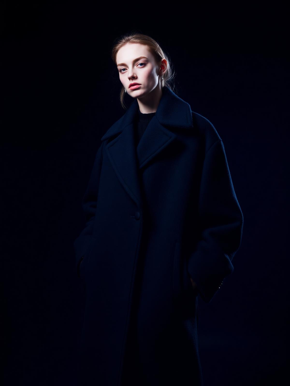 Model in dark indigo wool coat